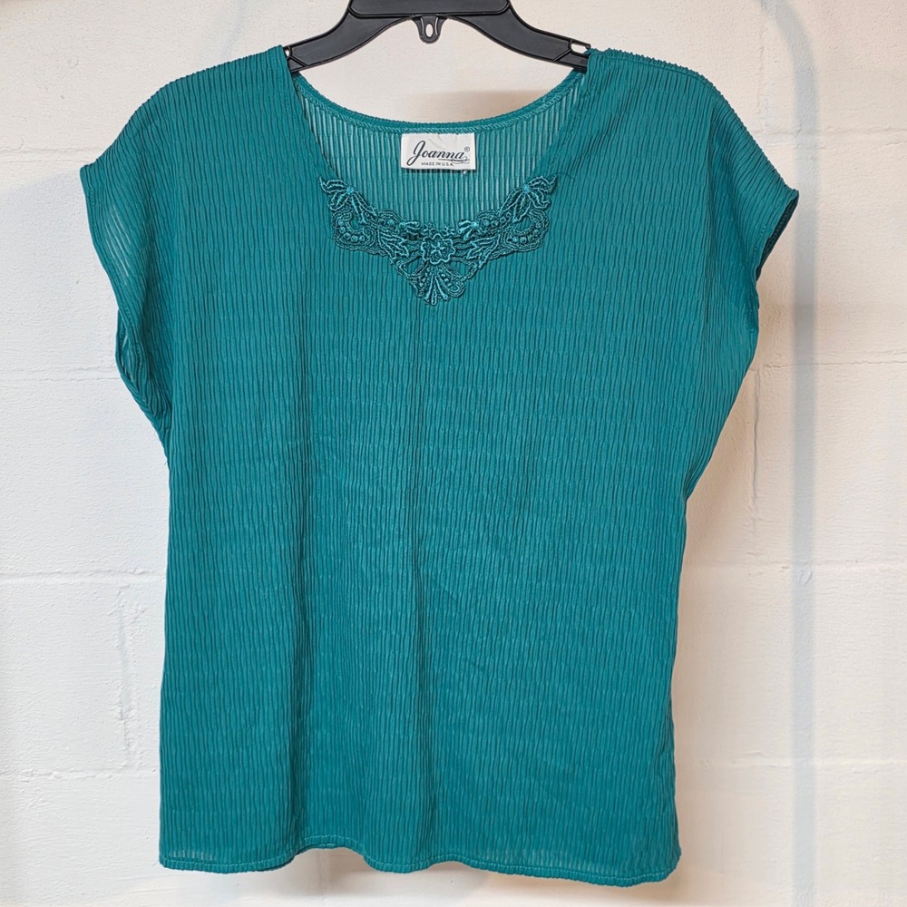 Joanna Vintage Teal Pleated Lace Neckline Blouse Made in USA Medium 61226
